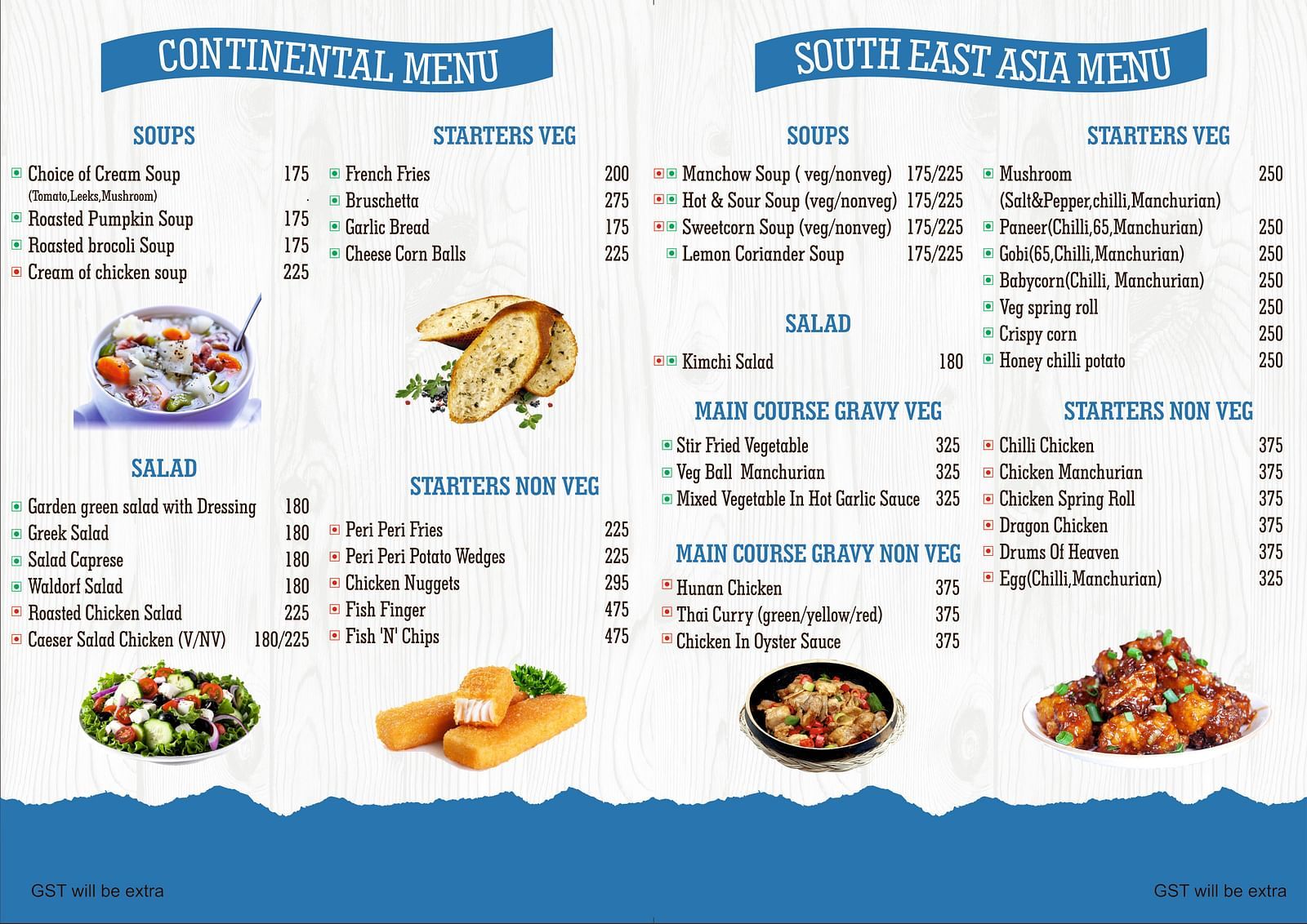 Continental and South-East Aisa Menu displaying the images of food with lists of soups, salads, veg and non-veg starters and veg and non-veg gravy main course under South-East Asia Menu