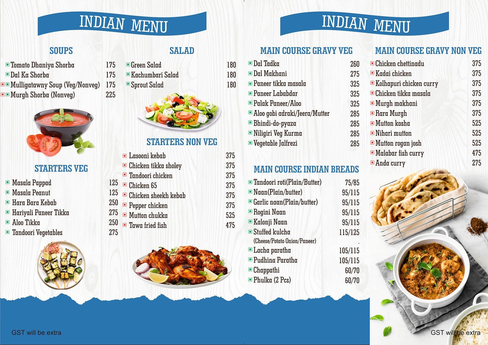 Indian Menu featuring the images for food and list of soups, salad, veg and non-veg starters, veg and non-veg gravy main course and Indian Breads