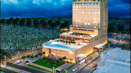 Aerial view of Swosti Premium Resort, Puri during blue hour