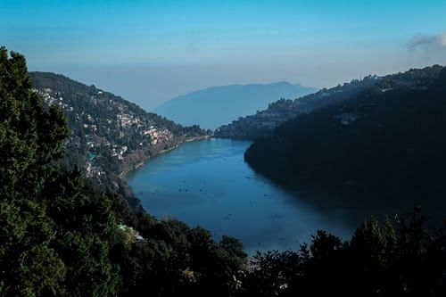 mountain covered lake