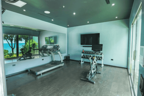 A gym with exercise equipment, including a treadmill and stationary bike, is positioned in a room with large windows overlooking a scenic outdoor view.