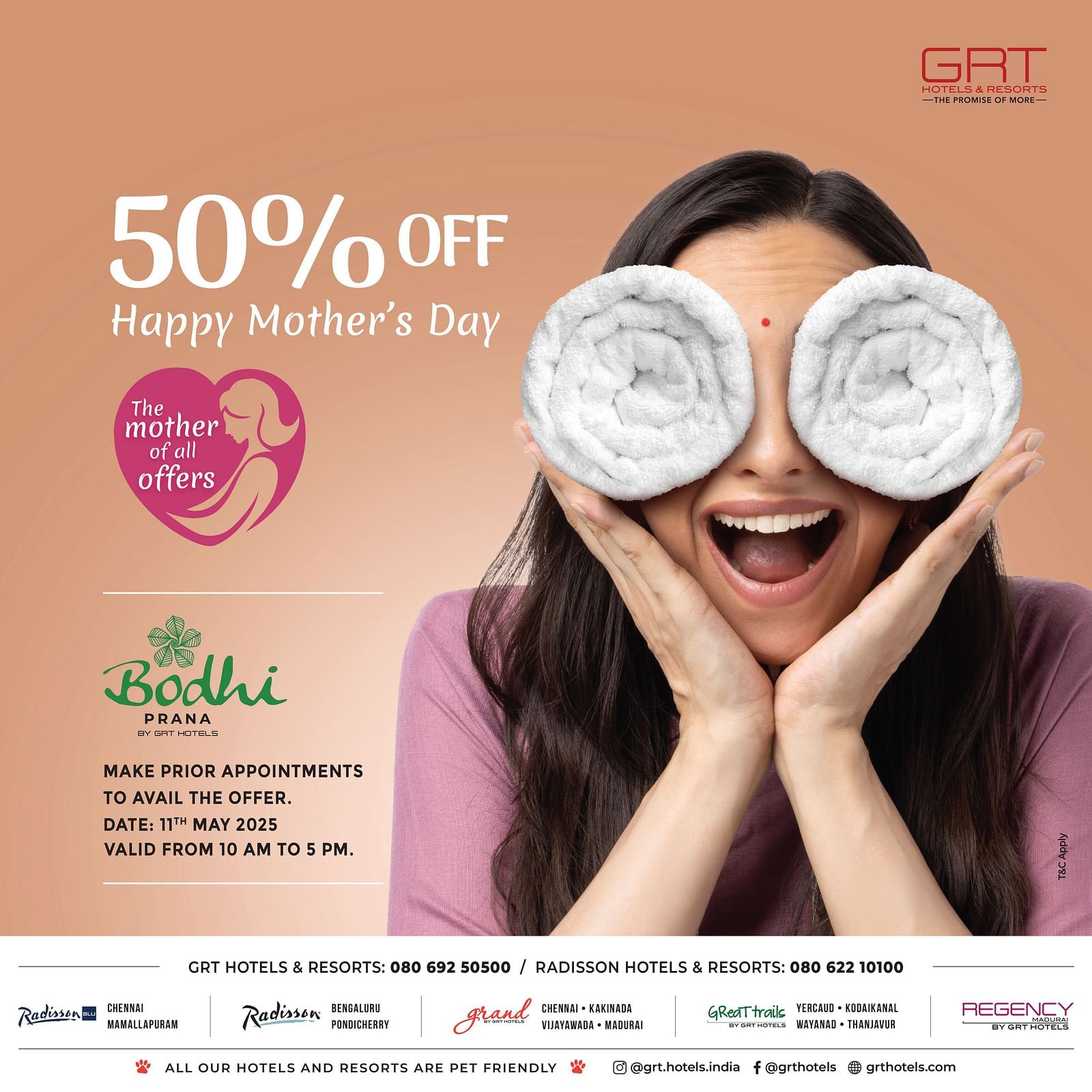 A woman with towel rolls on both eyes  mothers getting excited for Mothers day celebration with 50 percent off on Bodhi Prana at GRT hotels  on 11th May
