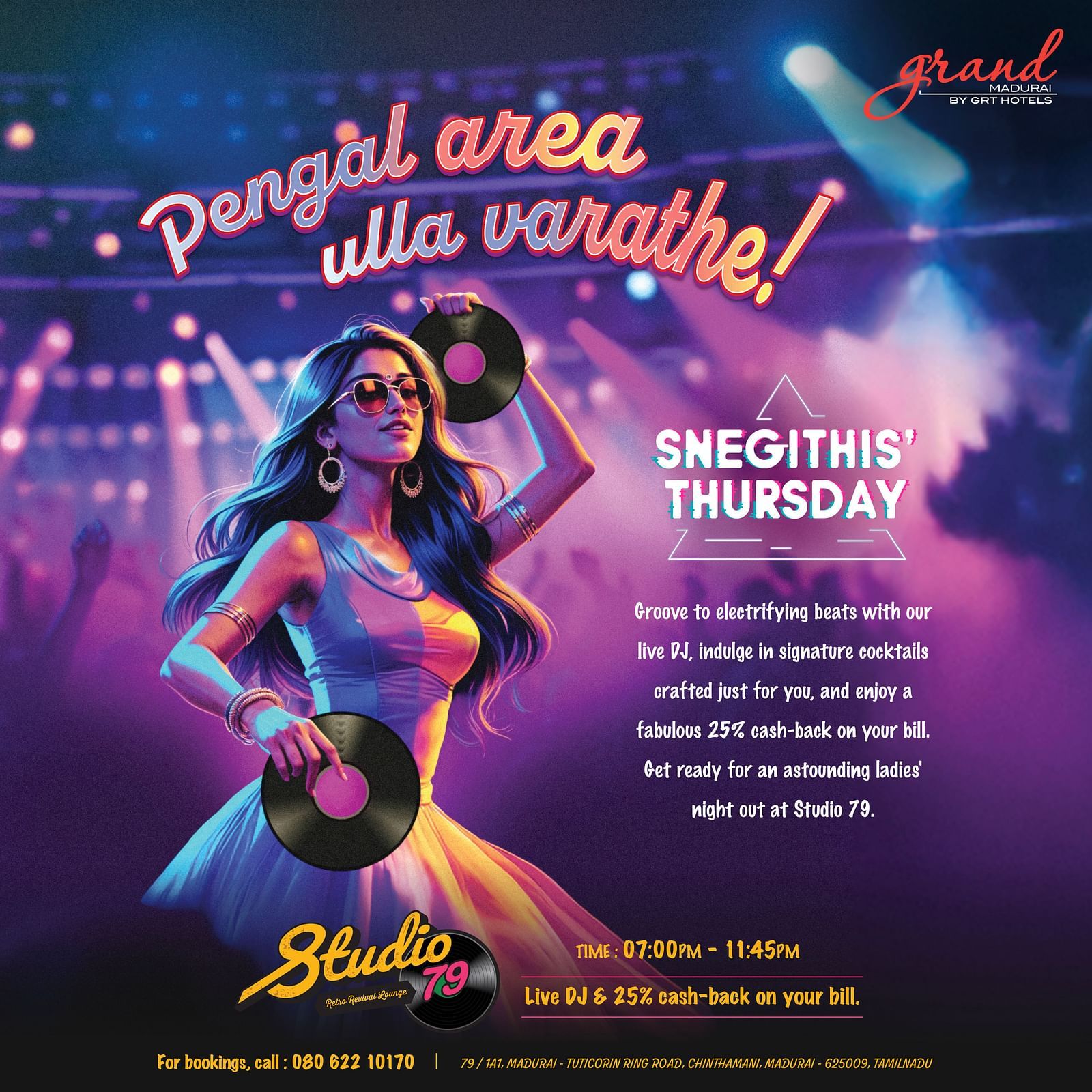 Promotional banner for Studio 79's 'Snegithis' Thursday' ladies' night featuring a live DJ, signature cocktails and a cashback offer