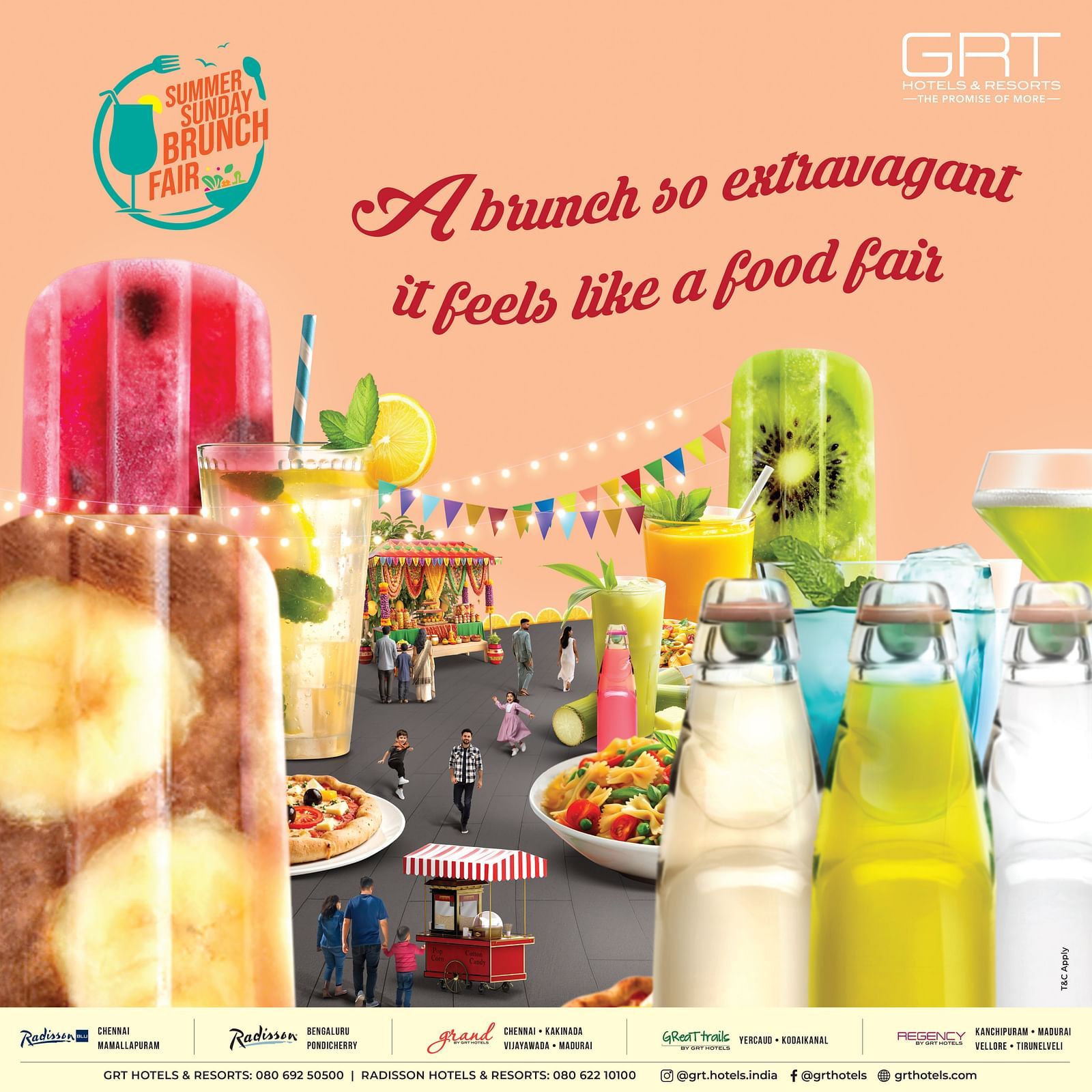 A vibrant illustration of a summer brunch fair with colorful popsicles, drinks, food stalls, and people enjoying a festive outdoor setup under string lights and bunting. 