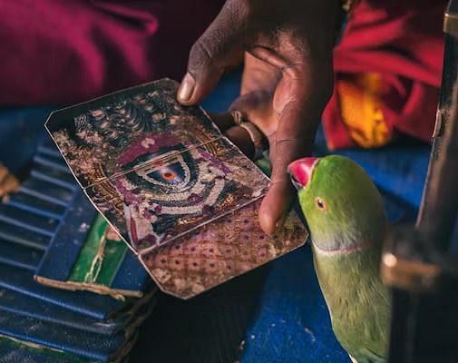 A close-up captures the interaction between a green parrot with a red beak and a person's hands holding decorated fortune-telling cards.