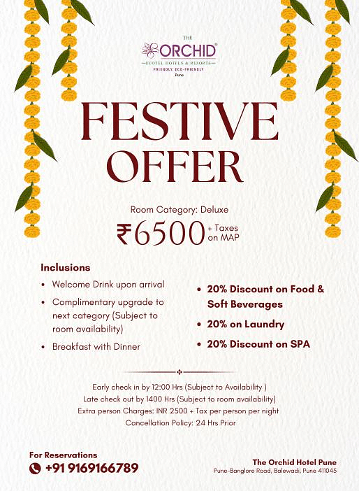 Festive offer at The Orchid Hotel Pune for deluxe rooms featuring various inclusions and benefits at ?6500 + taxes.