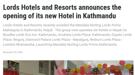 A news article announcing the opening of a new Lords Hotels & Resorts property in Kathmandu.