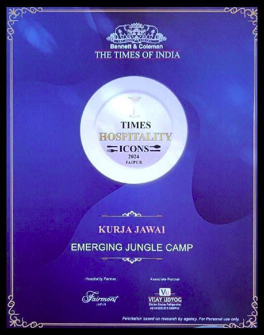 A certificate from The Times of India Icons 2024 recognizing Kurja Jawai as an Emerging Jungle Camp.