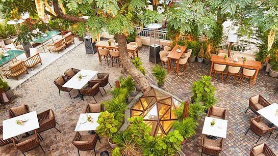 Garden café with lush greenery and outdoor seating