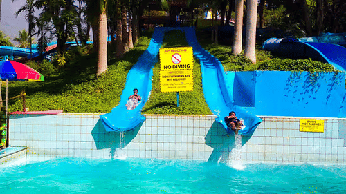 Double water slide at Black Thunder water park ending in a shallow pool with palm tree backdrop
