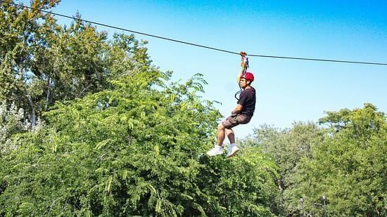A guest enjoying a thrilling zipline experience amidst the greenery near The Manor Luxury Apartments, Shimla.