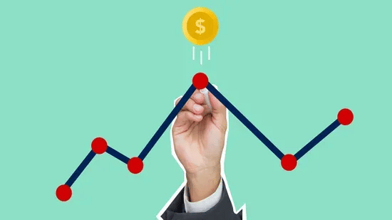 A person explaining growth with the help of exponential graph and there is a dollar coin at the top of the graph.