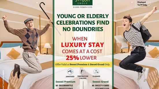 An offer creative for Swosti Resorts highlighting the 25% discount on the accommodations