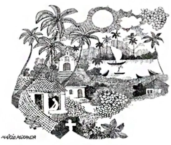 a painting showing small houses and coconut trees