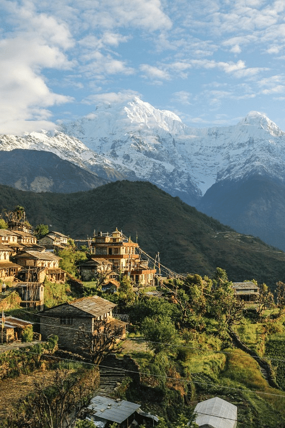 A small town with several homes, valleys and mountains in the background | Kavya Resort and Spa, Nagarkot