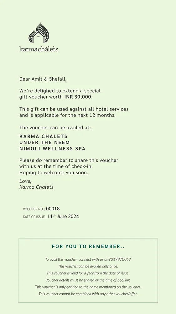 A vertical restaurant menu on a pale green background with a minimal, elegant layout at Karma Chalets.