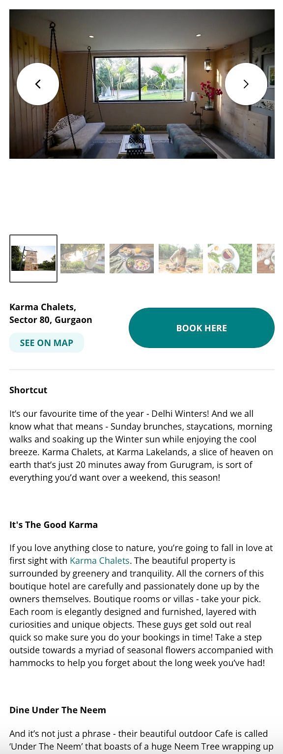 Screenshot showing a room with hanging chairs, a central window, and a seating area at Karma Chalets, with booking and location buttons and hotel description.