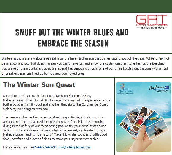 Newsletter highlighting services, offers, and updates from GRT Hotels