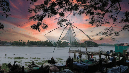 Traditional Chinese fishing net on a wooden platform by the riverside, framed by tree branches during a scenic sunset.