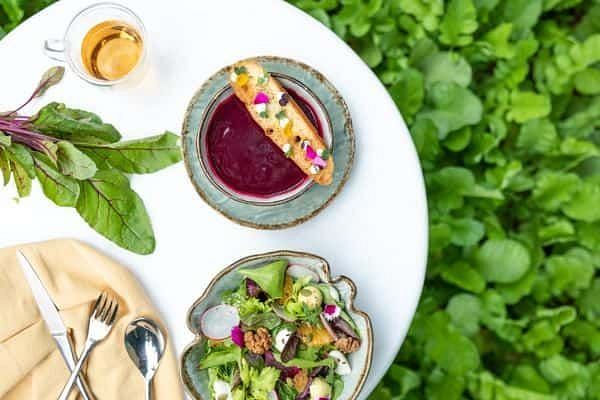 Top view of a salad plate, dip, and vegetables arranged on a white plate with greens around at Karma Chalets.