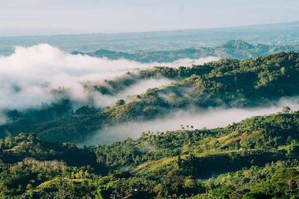 View of a misty valley with hills and a winding river below the clouds.