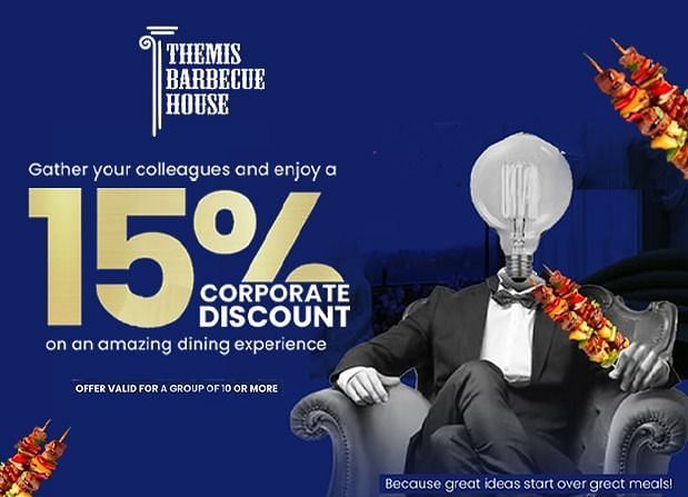 A creative image of a Corporate discount advertising 15 percent offer at Themis Barbecue House, NSP Pitampura