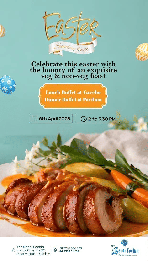 A promotional creative for Easter Sunday Feast by The Renai Cochin with the venue and timings