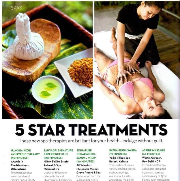 A magazine page titled 5 Star Treatments showcasing spa therapies and massages with images from Vedic Village Spa Resort.