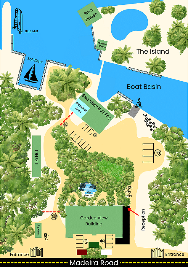 Illustrated map of Casa Morada showing the resort layout, including the pool, boat dock, lounge areas, and pathways surrounded by greenery.