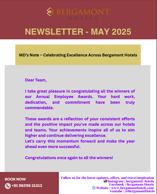 Bergamont Hotels newsletter titled - NEWSLETTER - MAY 2025 with highlighted content and contact information.