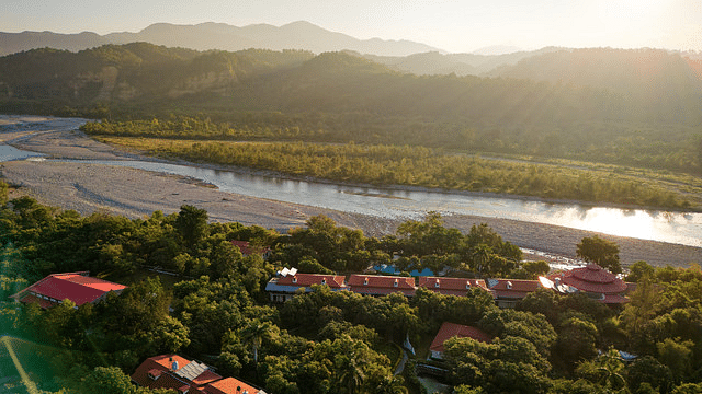 Panoramic view of the river valley and surrounding mountains from the resort.