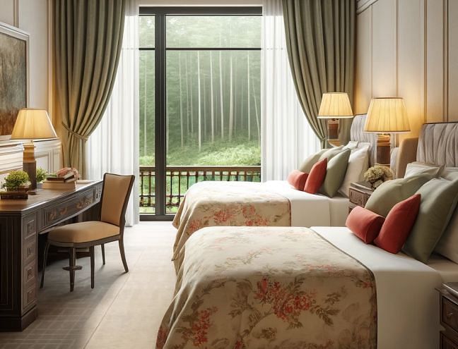 A hotel room with a twin beds and large windows - Narrow Gauge Inn - A Serenite Hotel Near Fish Camp.