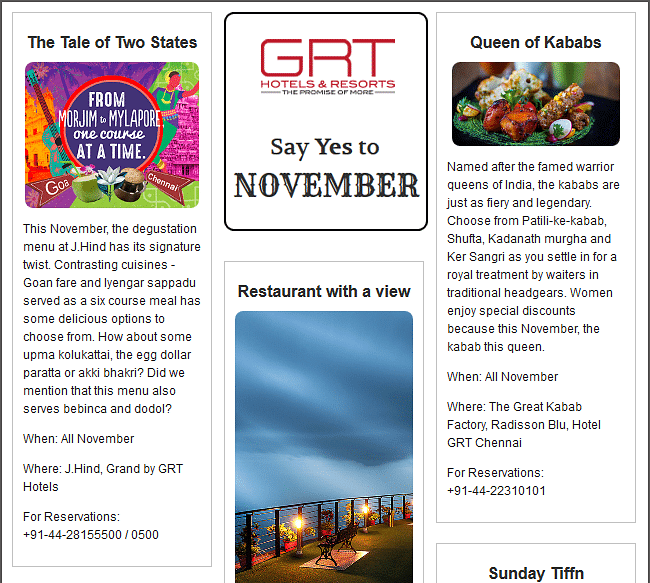 Newsletter featuring Say Yes to November promotions by GRT Hotels.