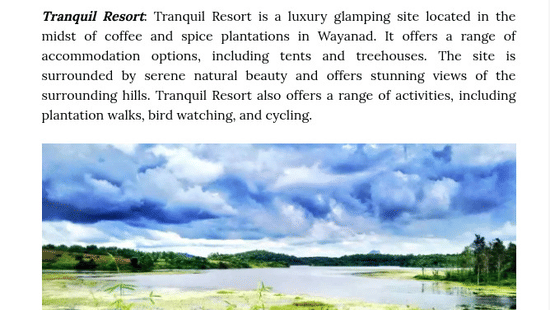 A travel article featuring a scenic, misty lake view surrounded by rolling green hills near Tranquil Resort, Wayanad.