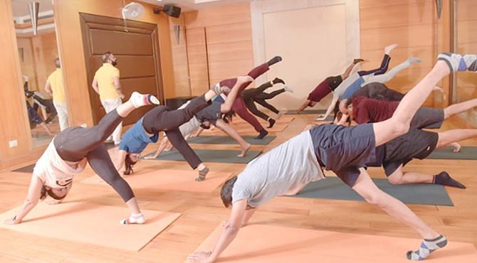 A group of people practising Zumba at Nirvana Luxury Hotel, Ludhiana.