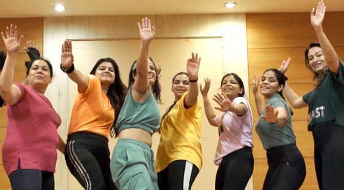 A group of people practising Zumba at Nirvana Luxury Hotel, Ludhiana.