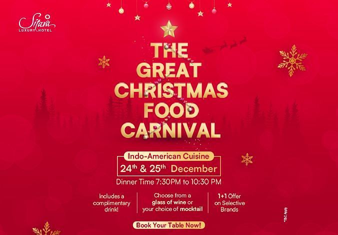 Festive banner for 'The Great Christmas Food Carnival' featuring Indo-American cuisine
