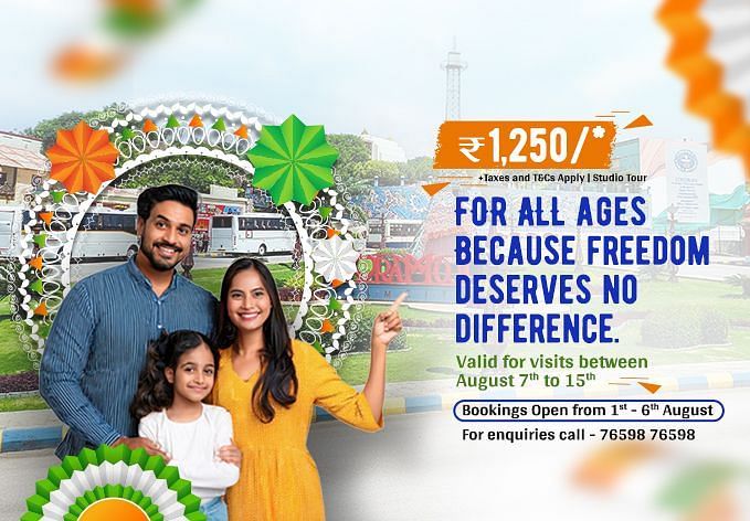 Family of four smiling in front of a colorful patriotic-themed backdrop at Ramoji Film City. Promotional text reads: ?1250/- For all ages because freedom deserves no difference.