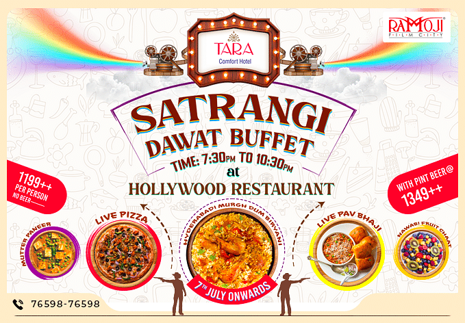 Banner for Satrangi Dawat Buffet at Tara Comfort Hotel, Ramoji Film City, featuring live pizza, pav bhaji, and Hyderabadi biryani. Priced at ?1199 and ?1349 (with beer).