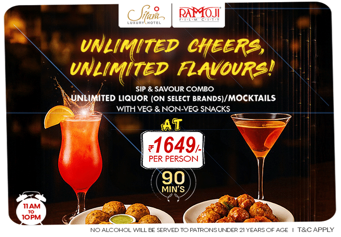 Promotional banner for Sip & Savor Combo, featuring unlimited liquor and heartwarming mocktails at INR 1649 per person for 90 minutes, with images of cocktails and snacks.