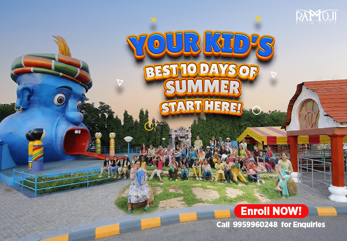 Colourful advertisement for childrens summer camp with cartoonish blue structure, group of kids and adults engaged in playful activities, and text promoting enrollment.