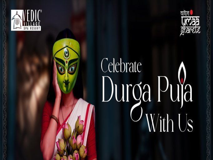 A creative for the Durga Puja package at Vedic Village Spa Resort, inviting the guests to celebrate with them.