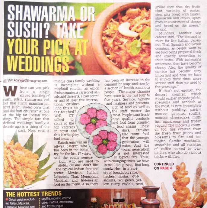 A magazine page titled Shawarma or Sushi? Make Your Pick at Weddings featuring images of diverse wedding food options and dishes.