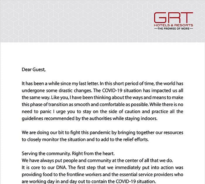 A letter to the guests from Vikram Cotah-Cheif Operating Officer of GRT Hotels during COVID-19