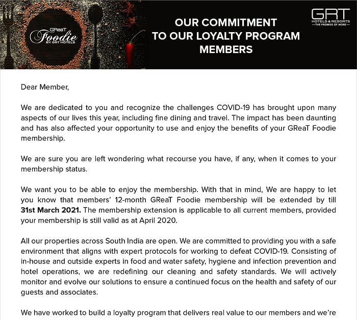 Document featuring a statement for GReaT foodie membership by GRT Hotels.