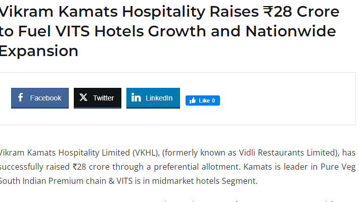 A snippet of Pulse Expert Tech article which says that Vikram Kamats Hospitality Raises 28 crore  to fuel VITS Hotels Growth and Nationwide Expansion