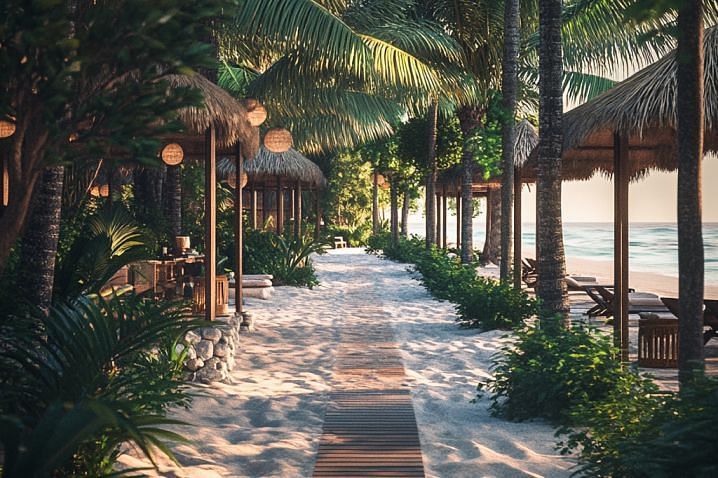 A walkway on the beach lined by palm trees and straw huts