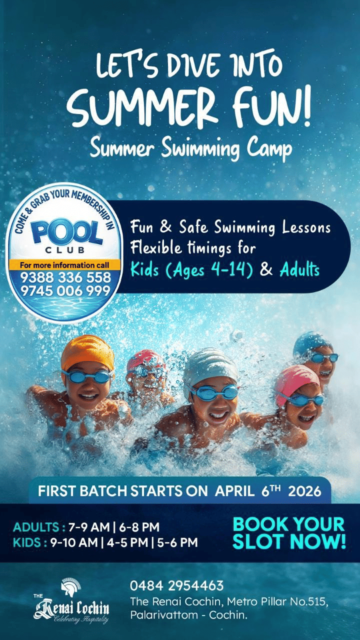 Summer Swimming Camp at The Renai Cochin featuring fun and flexible swimming lesson for kids from 4 to 14 years and adults. First batch starts from 6th April 2026. 