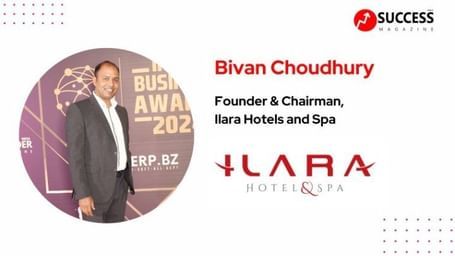 Circular image of Bivan Choudhury with a woman at an event, with ILARA and award branding at Illar Hotels & Spa.