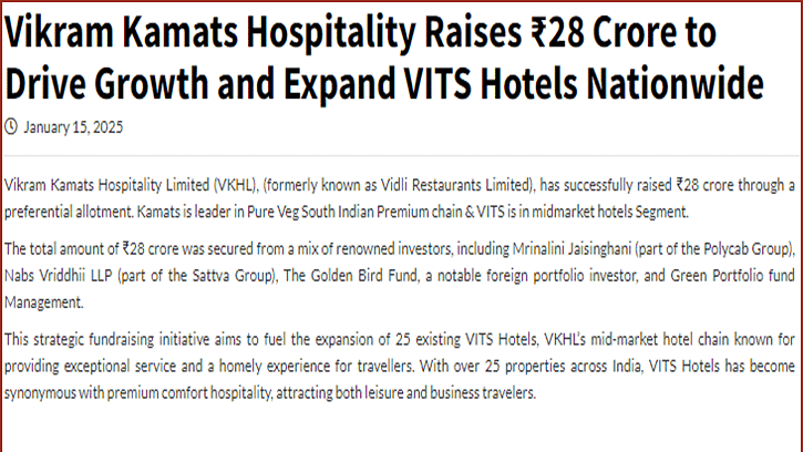 A snippet image of Media Bulletins which states that Vikram Kamats Hospitality Raises ?28 Crore to Drive Growth and Expand VITS Hotels Nationwide